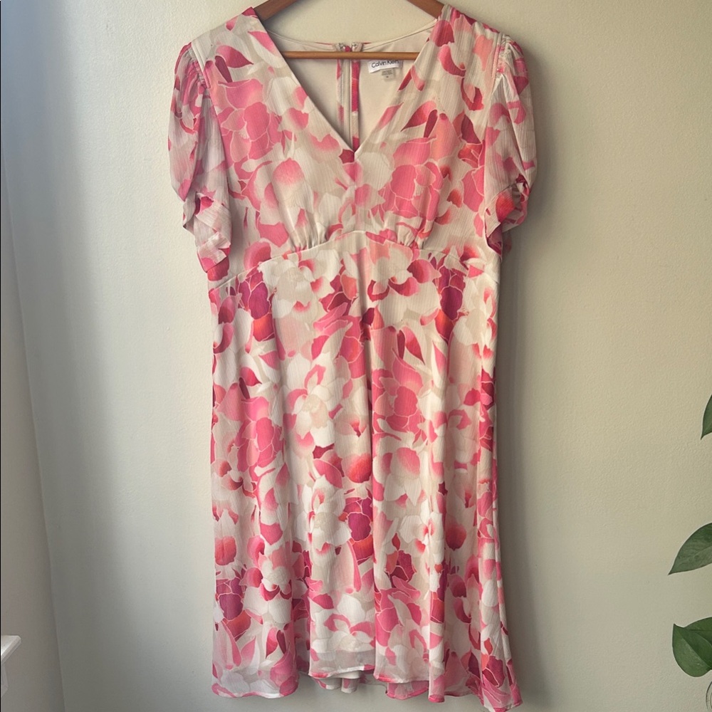 Calvin Klein Pink and White Floral Midi Dress